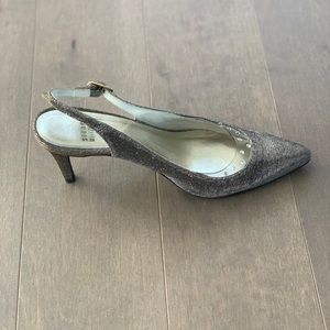 STUART WEITZMAN Gunmetal Fabric Heels With Rhinestones